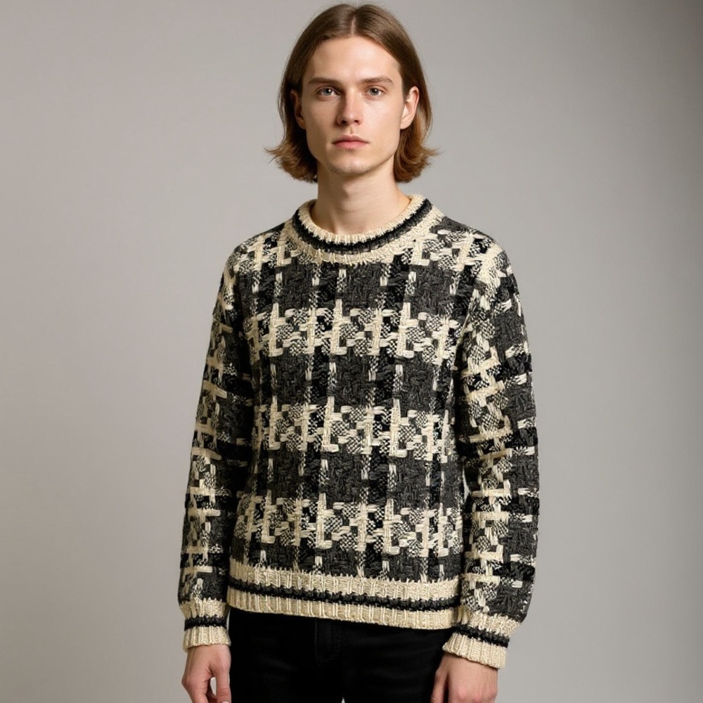 Woolies Vintage 100% Wool Men's Chunky Dark Gray Cream Plaid Pullover Sweater